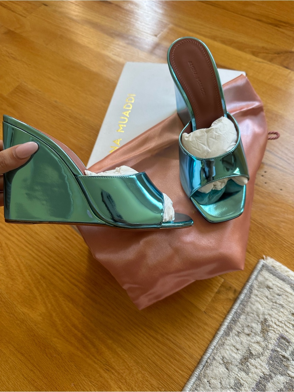 NWT Amina Muaddi Mirror Aqua Wedge Heel